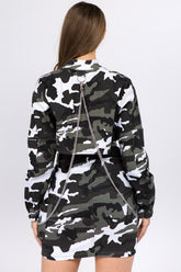 American Bazi Camouflage Cropped Jacket with Edgy Chain Details